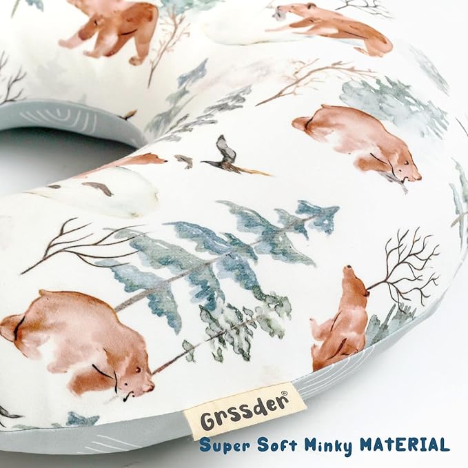GRSSDER Nursing Pillow Cover, Stretchy Soft Minky Fabric Covers, Fit Most Nursing Support Pillows for Breastfeeding, Comfortable Safe Pillow Cover, Stylish Cute Bear Pattern