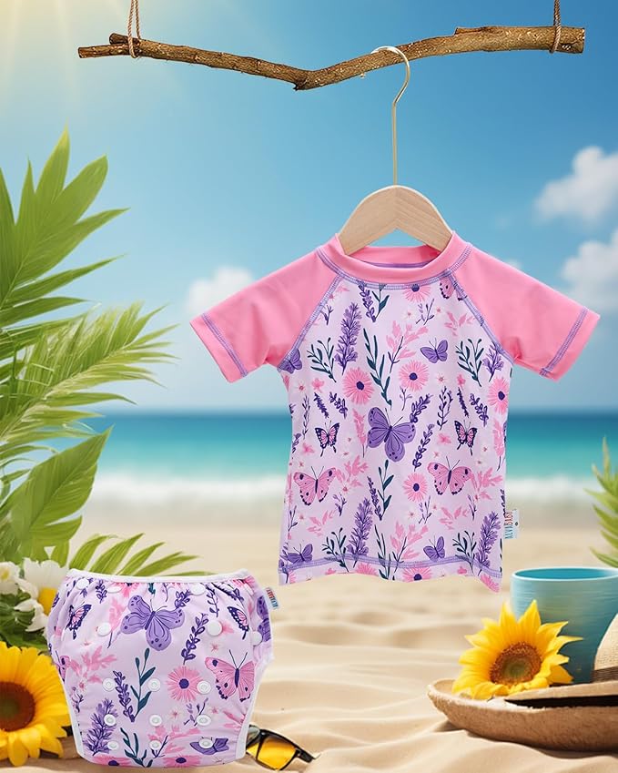 ALVABABY Baby Girl Swimsuit, 2-Piece Infant Toddler Bathing Short Sleeve Swimwear, Small Baby Reusable Swim Diaper with Matching Top