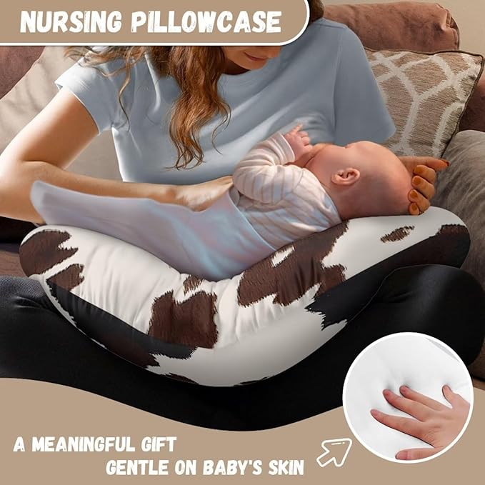 Baby Nursing Pillow Cover, Brown Cowhide Breastfeeding Pillow Cover Boys Girls Nursing Pillow Case for Newborn, Soft Fabric Fits Snug On Infant, Washable & Breathable