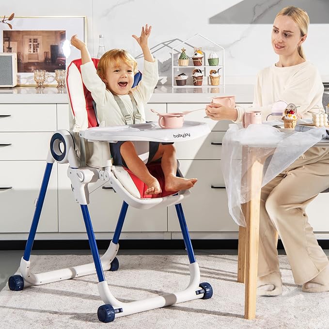 BABY JOY High Chair for Babies & Toddlers, Foldable Highchair with Adjustable Backrest/Footrest/Seat Height, Double Removable Trays, Detachable Seat Cushion, 4 Lockable Wheels (Colorful)