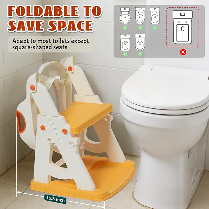 Potty Training Toilet Seat, Stable Potty Training Seat with Step Stool, 2 in 1 Toddler Toilet Seat with Steps for Kids Boys Girls, Toddler Potty Seat with Ladder, Splash Guard, Anti-Slip Pads (Yellow)