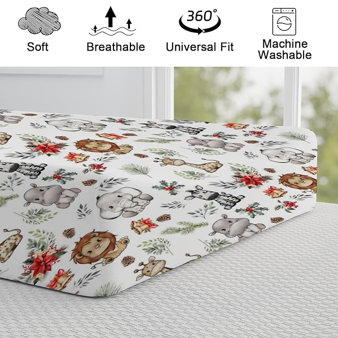Baby Safari Animals Christmas Cherry Fir Leaves Changing Pad Covers Lion Elephant Giraffe Zebra Hippo Diaper Change Table Pad Covers for Girl Boy Soft Stretch Changing Mat Sheets 32''x16''