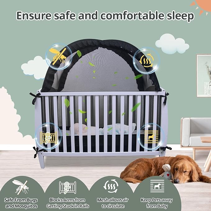 South to East Crib Tent, Pop Up Safet Crib Net to Keep Baby from Climbing Out, Breathable & Skin-Friendly Mesh Crib Cover, Strong and Firm X Metal Frame, Mosquito Netting for Baby, Black