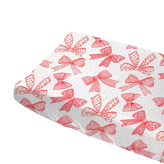 Red Valentine Bows Baby Changing Pad Covers for Girl 32''x16'' Girly Red Hair Bows Fitted Diaper Changing Table Sheets Valentine Hearts Love Soft Breathable Nursery Baby Changing Table Mats Red