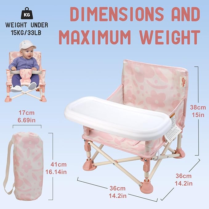 Tiny Marvels 3-in-1 Portable Baby Chair, Foldable Booster Seat with Removable Tray, Safety Harness & Carry Bag for Dining, Travel, Camping, Beach, 6M-3Y (Blush Bloom)