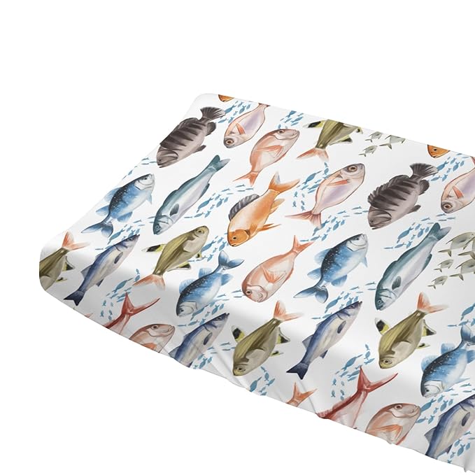 Watercolor Fish Baby Changing Pad Covers for Boy Girl 32''x16'' Freshwater Fishes Fitted Diaper Changing Table Pad Mats Outdoor Fishing Lovers Gift Comfort Soft Breathable Cradle & Bassinet Sheets