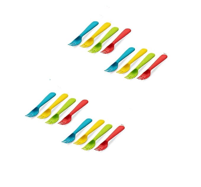 Plaskidy Plastic Toddler Forks - Set of 16 BPA Free/Dishwasher Safe Kids Utensils Brightly Colored Flatware Great for Kids