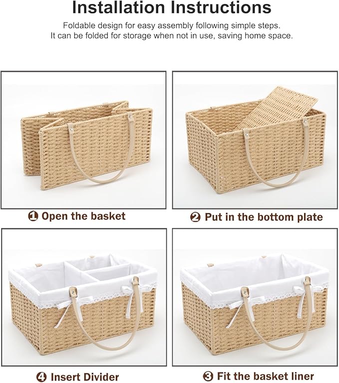 Large Baby Diaper Caddy Basket - Portable Wicker Paper Rope Storage Baskets Woven Car Organizer for Diapers With Divider White