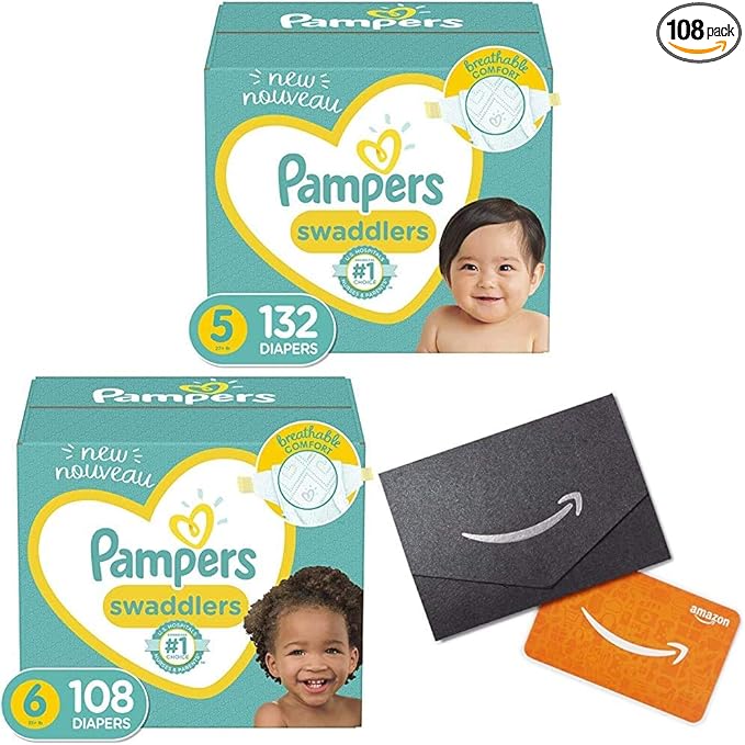 Baby Diapers Size 5, 132 Count - Pampers Swaddlers with Baby Diapers Size 6, 108 Count - Pampers Swaddlers and Amazon.com Gift Card in a Mini Envelope