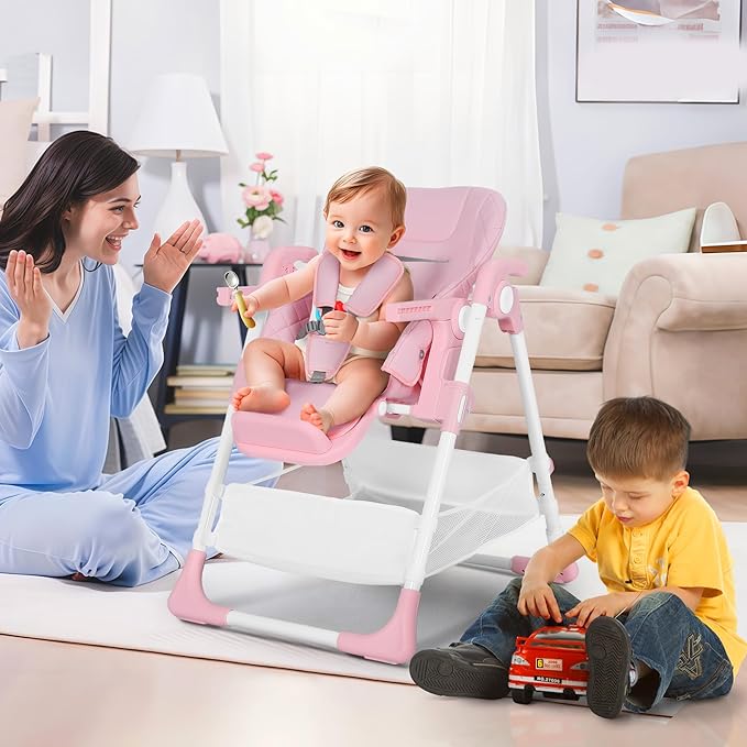 TODEFULL 3 in 1 Foldable Baby High Chair, Infant High Chairs for Babies and Toddlers, 6 Height & 4 Recline Adjustable Toddler Feeding Chair, 2 Built-in Wheels, Large Storage Space, Pink