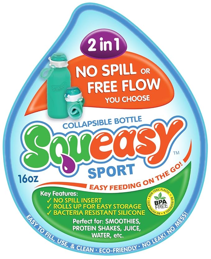 Squeasy Snacker Aqua 16 oz Spill Proof Silicone Reusable Food Pouch - For Both Soft Foods and Liquids - Water, Apple Sauce, Yogurt, Smoothies, Baby Food - Dishwasher Safe