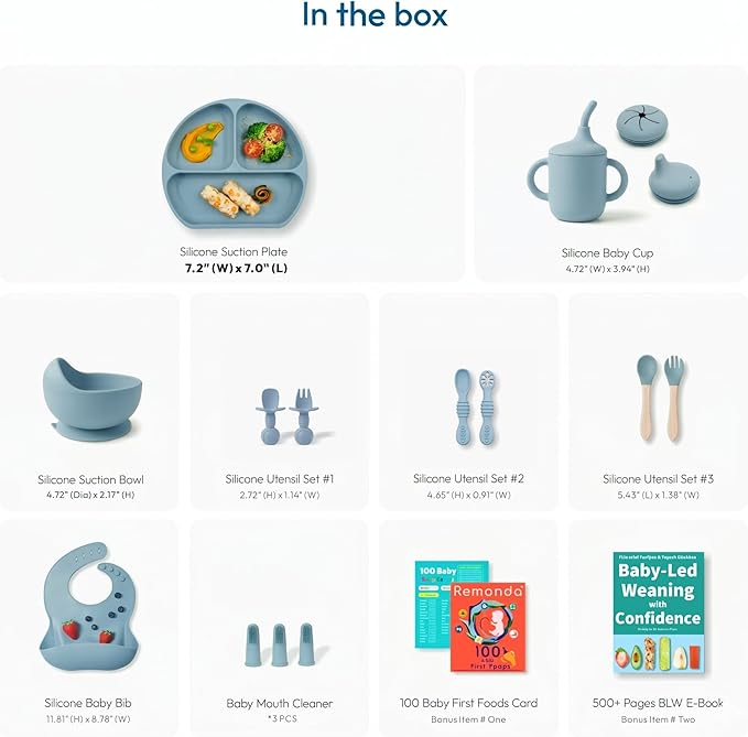 Remonda 17-Piece BPA-Free Baby Silicone Feeding Set | Extra Large Suction Plates, Toddler Bowls, Self Feeding Spoons, and More | Dishwasher Safe| Infant Led Weaning Supplies(Blue)