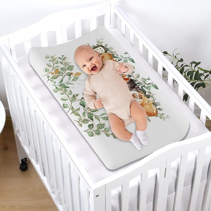 Cute Animals Eucalyptus Leaves Baby Changing Pad Covers Bear Raccoon Deer Rabbit Hedgehog Diaper Change Table Sheets for Boys Girls Soft Stretchy Baby Diaper Changing Table Mat Cover 32''x16''