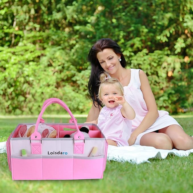 Baby Diaper Caddy Organizer, Portable Diaper Storage Basket for Changing Table, Nursery, Car, Pink