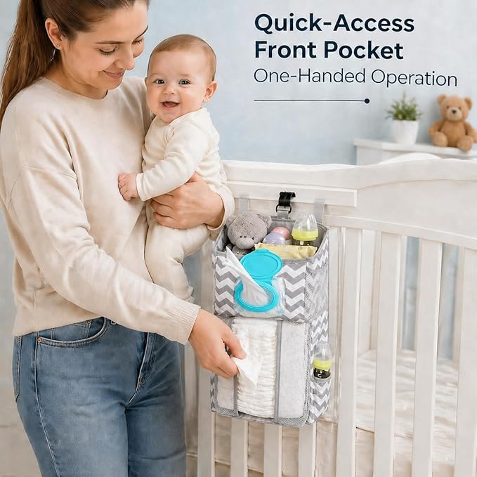 Hanging Diaper Caddy Organizer for Crib, Baby Diaper Holder with 3 Compartments, Water-Resistant Nursery Storage Bag for Changing Table, Playard, Wall, Ripple Grey