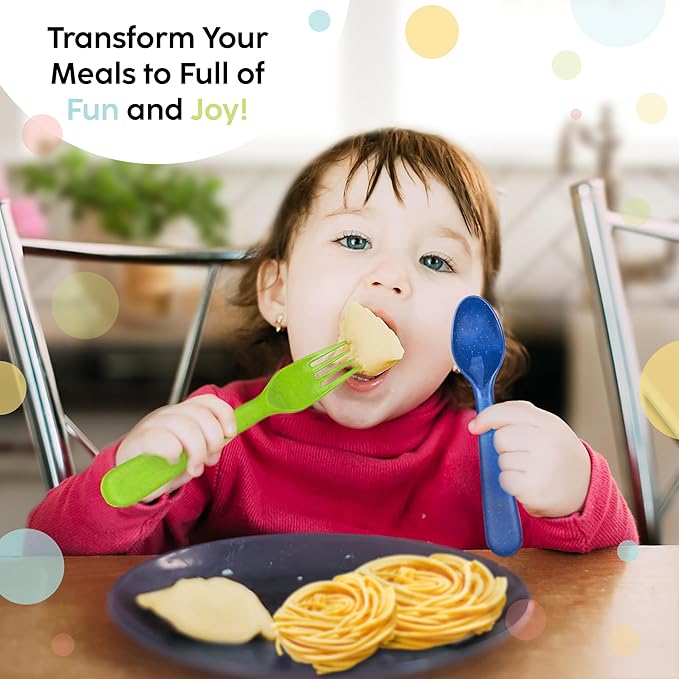 PLASKIDY Wheat Straw Toddler Utensils Set of 12 - Kids Forks and Kids Spoons BPA Free/Dishwasher Safe Kids Utensils Cutlery Set Brightly Colored Toddlers Silverware Set