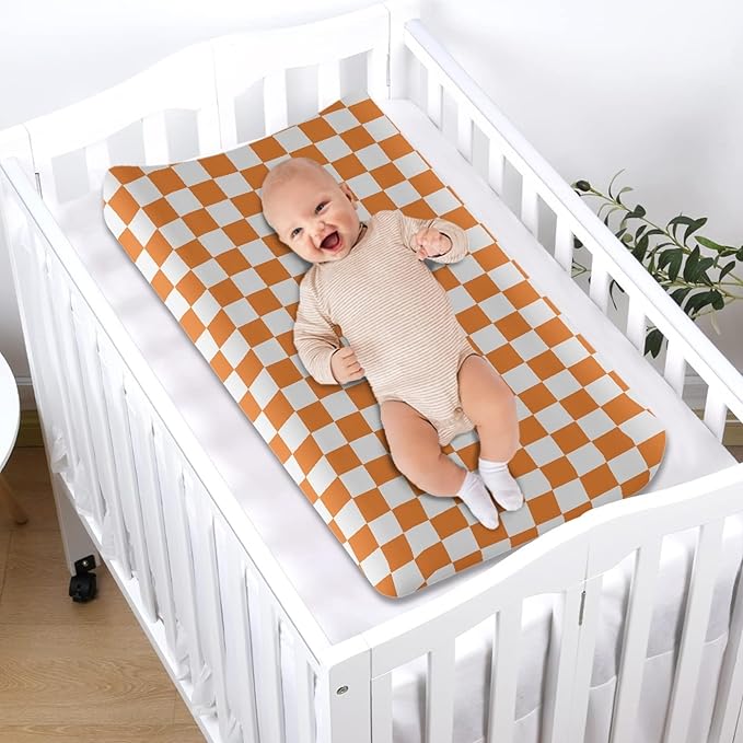 Orange and White Checkered Changing Pad Cover for Baby Girls Boys Cartoon Breathable Diaper Change Table Sheet Soft Stretchy Cute Change Table Mat Cover Fit 32x16