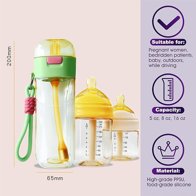 PPSU Pregnancy Water Bottle and Baby Bottle Set, Patented Leak-Proof Design, Postpartum Essentials, Great Gift for Moms and Babies, Silicone, Heat Resistant to 180°C/356°F (5 oz, 8 oz,16 oz)