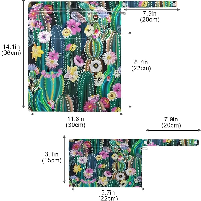 visesunny Green Cactus with Flower 2Pcs Wet Bag with Zippered Pockets Washable Reusable Roomy for Travel,Beach,Pool,Daycare,Stroller,Diapers,Dirty Gym Clothes, Wet Swimsuits, Toiletries