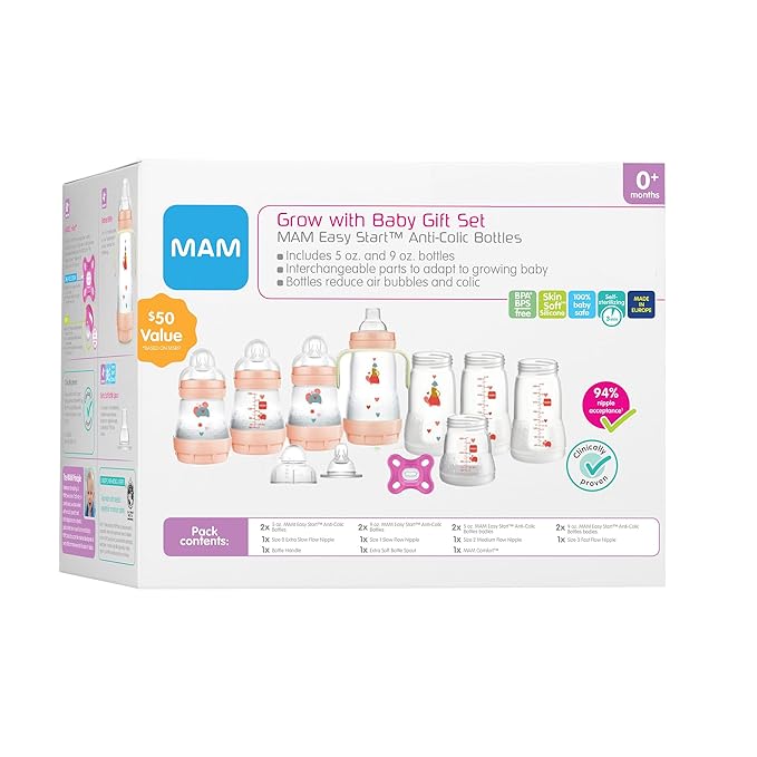 MAM Newborn Essentials "Baby Essentials" Matte Gift Set (9-Piece), Easy Start Anti-Colic Baby Bottles, Baby Pacifiers, Girl & Grow with Baby 15-Piece Gift Set, Newborn 0-4 Months