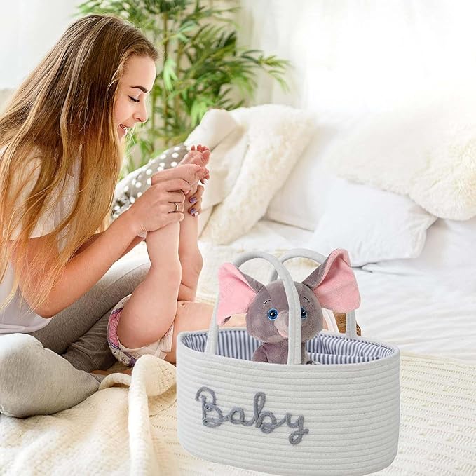 Diaper Caddy Organizer for Changing Table, Cotton Rope Baby Storage Basket for Diaper Wipes, Car Caddy Organizer, Nursery Diaper Organizer With Divider, Portable Diaper Storage -White