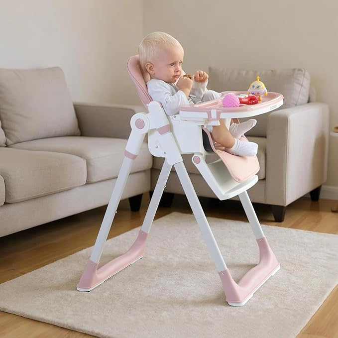 Cochildor 3-in-1 Foldable High Chair for Babies & Toddlers – Adjustable Height, Reclining Seat, 5-Point Safety Harness, Removable Tray, Lockable Wheels, Washable Cushion – Portable & Easy Clean, Pink