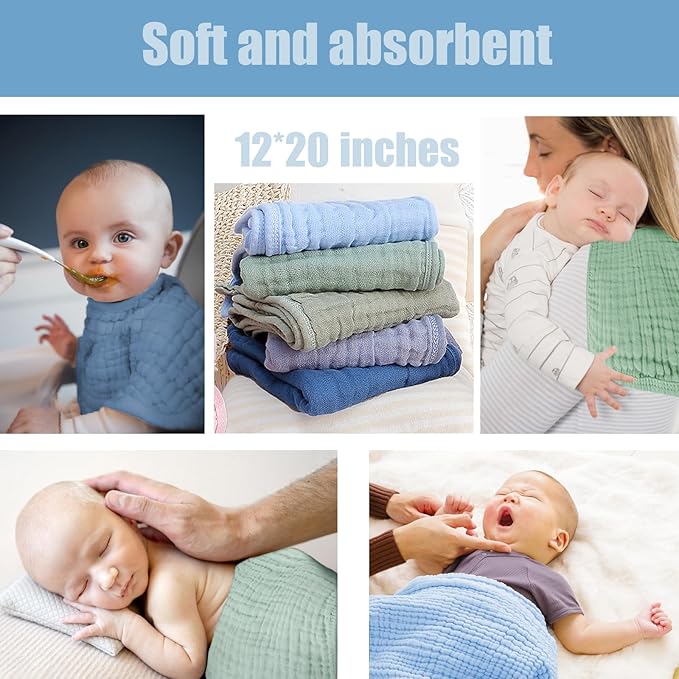 Muslin Burp Cloths 5 Pack Large 20x12 inches Baby Burping Cloths, 6-Layer 100% Cotton for Newborn Boys Girls, Ultra Soft & Absorbent (Blue & Green)