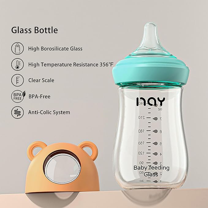 yanyoyo Natural Glass Baby Bottle for Breastfeeding Babies, 8oz Anti-Colic Baby Bottle with Natural Response Nipple(M), Clear, Wide Neck, 4 Pack, 3 Months+