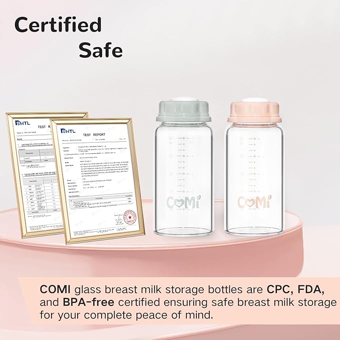 COMI Natural Glass Baby Bottle,Standard Neck Breastmilk Storage Bottle for Fridge,Breast Milk Container,Breast Pump Bottle Compatible with Medela Breast Pump,BPA Free,2PCS (5oz,2 Pink Lids)