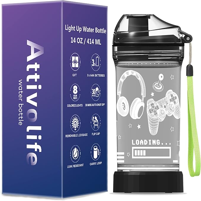 Attivolife Game Water Bottle for Kids, 3D Illusion LED Light with 7 Color Changing Light - 14 0z BPA Free - Creative Ideal Camping Picnic Travel Cup Gamer Gifts, Back to School for Boys Child Holiday