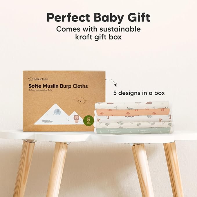 5-Pack Muslin Burp Cloths Baby Boy, Girl - Very Absorbent Baby Burp Cloth Rags, 8-Layers Viscose Derived from Bamboo Cotton Muslin Towel, Super Soft Spit Up Rags, No Shrink Washcloths (Wilderness)