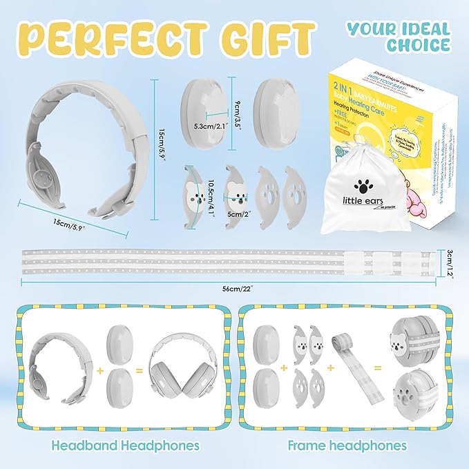 Empireway Baby Ear Muffs Noise Protection 2-in-1 for Infants & Toddlers to 1-48 Months,Adjustable, Lightweight,Foldable Noise Cancelling Headphones,GS010-Grey