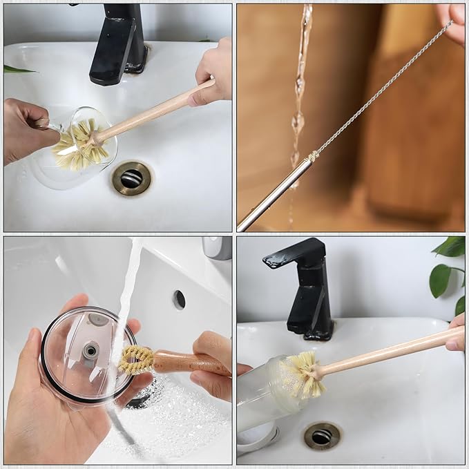 DEBETOOL Natural Bottle Brush Set 3-in-1-13.7 Inch Long Handle Wooden Bottle Brush for Cleaning, Water Bottle Cleaner Brush for Cups & Wide Mouth Jars
