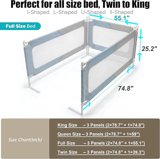 Full Size Baby Bed Rail Guard – Extra Tall Safety Bedside Rail with Headboard Rod for Toddlers, Adjustable No-Gap Design, 3 Panels (2×74.8″ + 1×55.1″), Gray & Light Blue