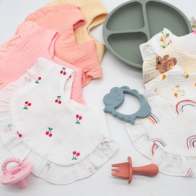 Muslin Baby Bibs for Baby Girls, Muslin Bibs Drool Bandana Bibs (Print white)