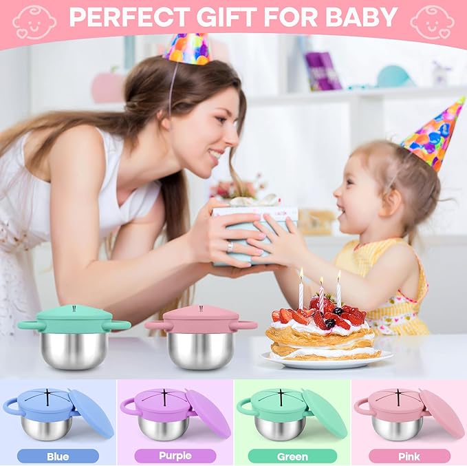 2-Pack Stainless Steel Snack Cup for Toddlers Spill-Proof, Baby Food Containers with Removable Silicone Lids & Handles | Dishwasher Safe, BPA-Free On-the-Go Kids Snack Containers Box