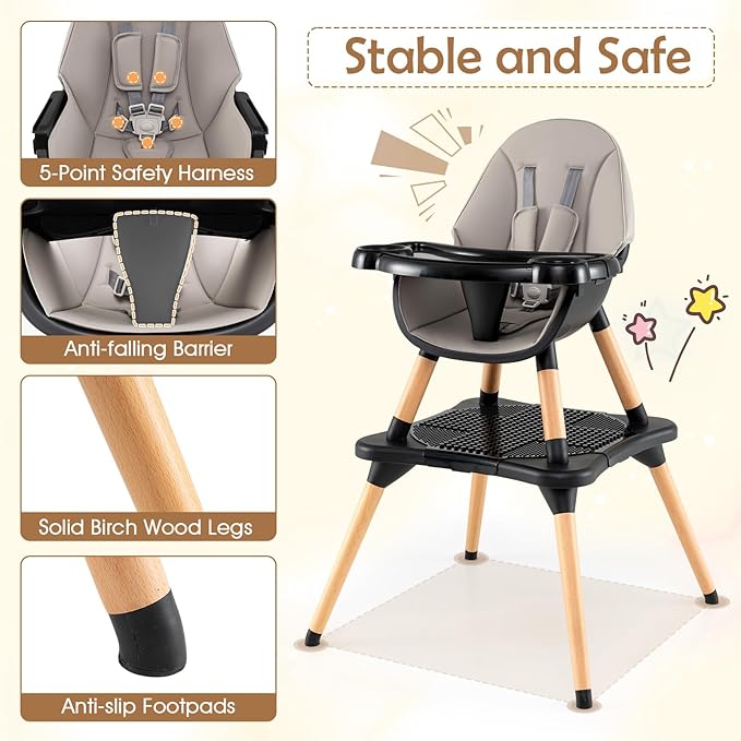 GLACER High Chair, 6-in-1 Convertible Wooden High Chairs for Babies and Toddlers w/Building Block Table, 5-Point Safety Harness, Removable Tray, PU Cushioned Baby High Chair for 6-36 Months (Black)