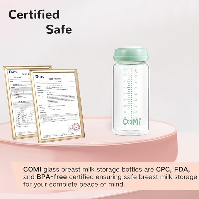 COMI Wide Neck Glass Breastmilk Collection n Storage Bottle, 2 Packs,10oz with Screw Ring Sealing Disk,Re-markable Sealing Disc,BPA Free,Fits Breast Pumps&Nipples(2 Green Lids)