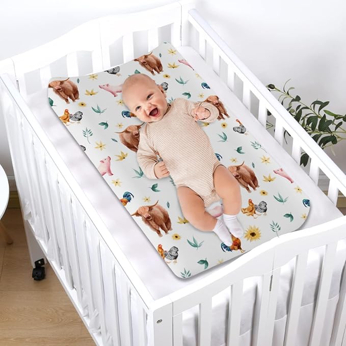 Farm Animals Changing Pad Cover Yak Pigs Rooster Hens Sunflowers Diaper Change Table Sheets for Boys Girls Soft Stretchy Snug Fitted Diaper Changing Table Mats Cover 32''x16''