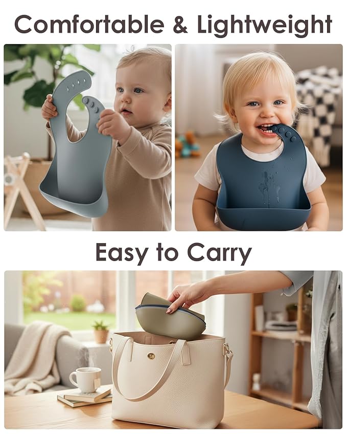 Tiny Marvels Silicone Baby Bibs Set of 3, Adjustable & Dishwasher Safe, Easy Clean Toddler Bibs with Food Catcher Pocket