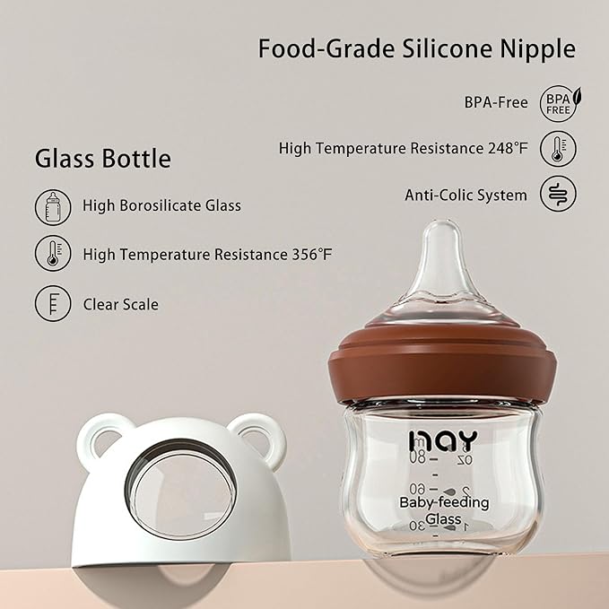 yanyoyo Natural Glass Baby Bottle for Breastfeeding Babies, 3oz Newborn Anti-Colic Baby Bottle with Slow Flow Nipples (SS), Clear, Wide Neck, 2 Pack, 0 Months+