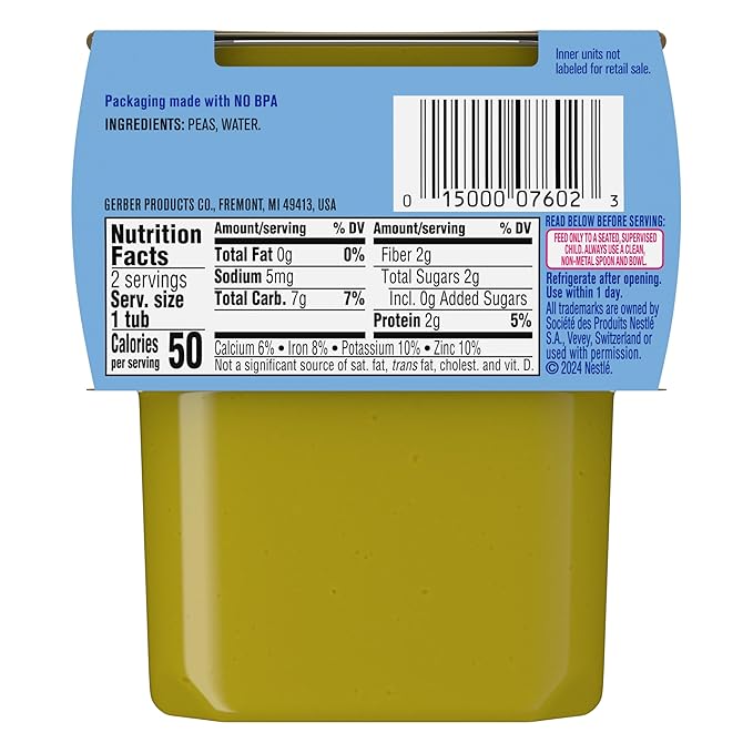 Gerber Stage 2 Baby Food Peas, Baby Peas Puree Tub, No Added Salt, No Artificial Colors or Flavors, Baby Puree, Baby Food Vegetables, 16-Pack