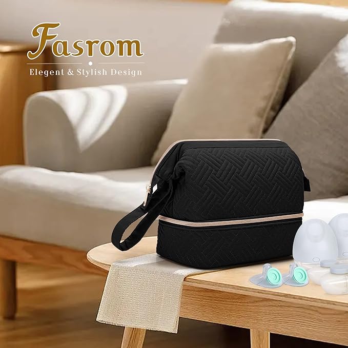 Fasrom Wearable Breast Pump Bag Compatible with Momcozy, Medela and Elvie Pumps, Double Layer Pump Carrying Case with Waterproof Mat and Insulated Pockets for Working Moms, Black (Bag Only)