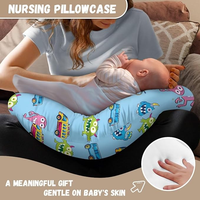 Baby Nursing Pillow Cover Monster Cartoon Car Breastfeeding Pillow Cover Boys Girls Nursing Pillow Case for Newborn, Soft Fabric Fits Snug On Infant Washable