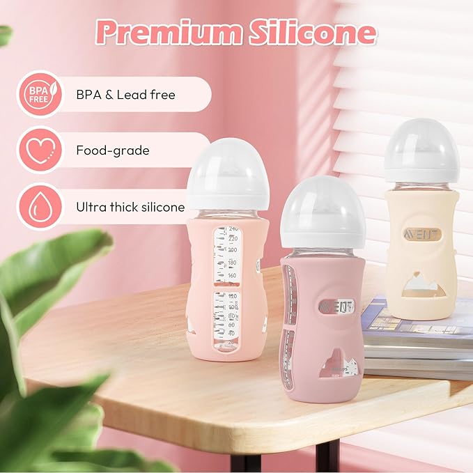 MINMUNJIU 3 Pack Silicone Sleeves for Philips Avent Natural Glass Baby Bottles, Anti Breakage Baby Bottle Holder for Baby Girls, Compatible with Philips Avent Glass Natural Baby Bottle, 8 oz