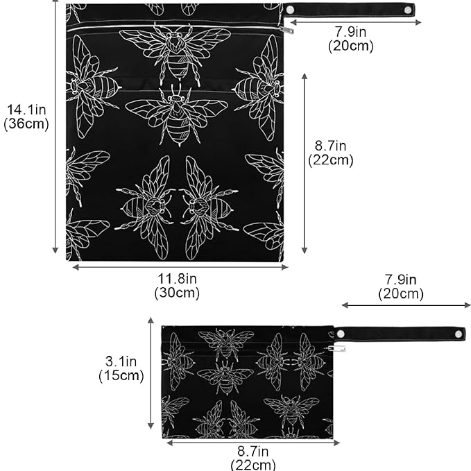 visesunny Black Bee Doodle 2Pcs Wet Bag with Zippered Pockets Washable Reusable Roomy for Travel,Beach,Pool,Daycare,Stroller,Diapers,Dirty Gym Clothes, Wet Swimsuits, Toiletries