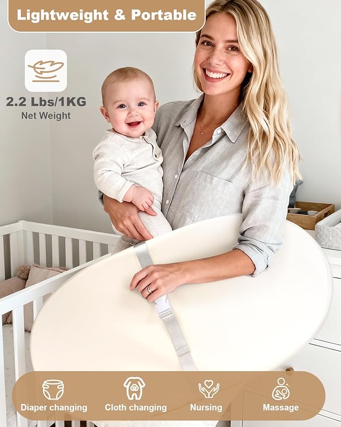 Baby Changing Pad with Waterproof & Wipeable PU Cover, Contoured Diaper Changing Pads for Dresser with Non-Slip Safety Belt, Portable Lightweight Changing Mat, Beige