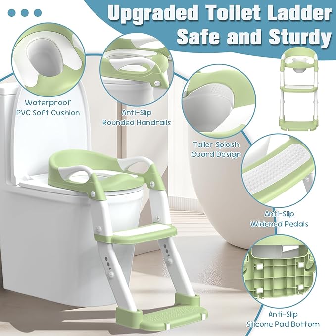 Potty Training Seat, Toddler Potty Training Toilet with Step Stool Ladder for Kids Boys Girls, 3 in 1 Foldable Toilet Seat Potty Chair with Urinals, Splash Guard, Handles, Anti-Slip Pad,Green