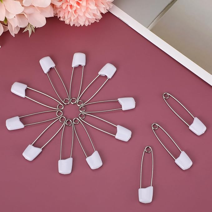 TIESOME 70 Pieces Diaper Pins, Diaper Safety Pin, 2.2 Inch Stainless Steel Diapers Pins for Cloth Diapers, with Plastic Safety Heads and Locking Closures, (White)
