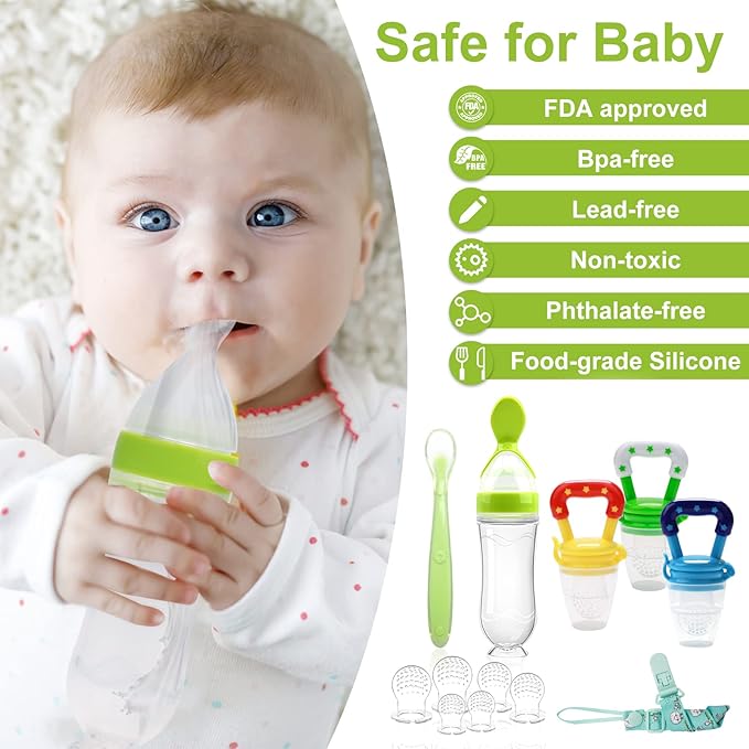 Food Feeder for Baby, Fruit Feeder Pacifier (3 Pcs) with 6 Different Sized Silicone Pacifiers,Silicone Baby Food Dispensing Spoon 90ML with Babies Spoons,Pacifier Clip Babies Feeding Set